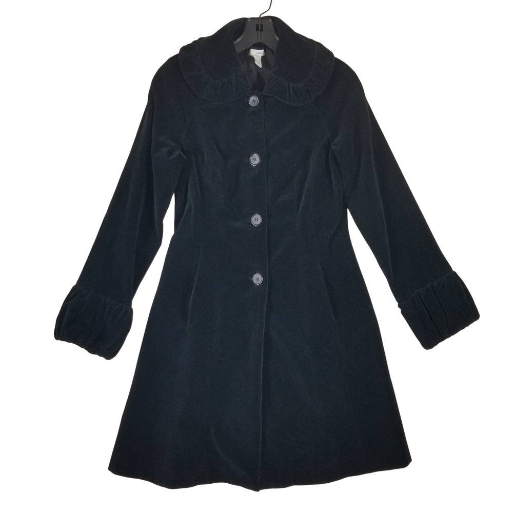 Anthropologie Odille Velvet Coat Women Size 4 Black Ruffle Collar Gathered Cuff